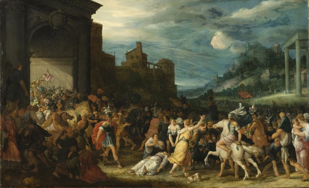 Les Horace entrent dans Rome - Horatii saapuu Roomaan, kirjoittanut Stalbemt, Adriaen, van (1580-1662). Öljy puulle. Mitat: 67 x 109 cm. Tukholman kansallismuseo tekijältä Adriaen van Stalbemt