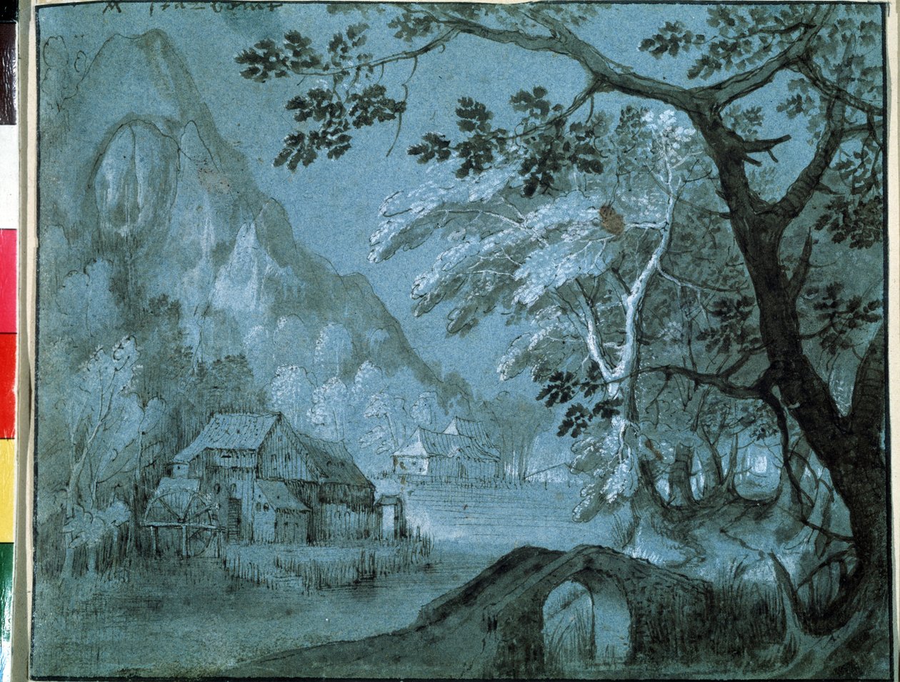 Maisema vuoristojärvestä ja myllystä (Maisema myllyllä vuoristojärvellä). Piirustus Adriaen Van Stalbemt (1580-1662). Grisaille paperilla tekijältä Adriaen van Stalbemt