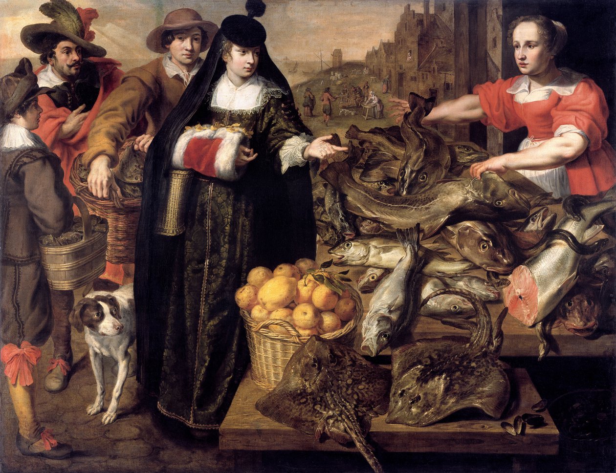 Nainen kalamarkkinoilla Antwerpenissä, 1630-1640. tekijältä Adriaen van Utrecht