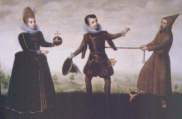 Satiiri arkkiherttua Albert hurskasta, joka luopui Toledon arkkipiispakunnasta mennäkseen naimisiin Isabella Clara Eugenian kanssa vuonna 1598 tekijältä Adriaen van de (workshop of) Venne