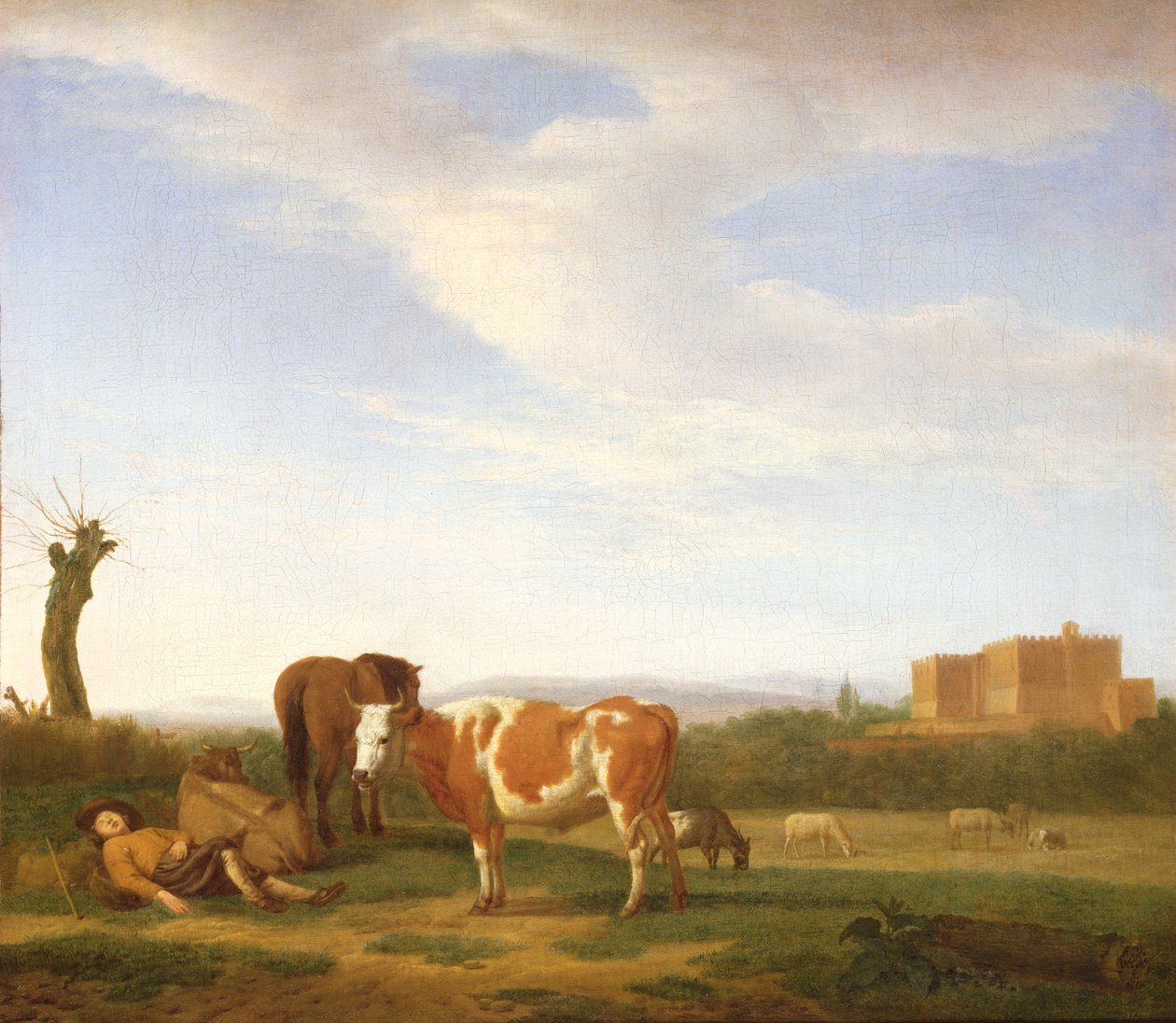 Pastoraalinen maisema nukkuvan paimenen kanssa, 1600-luku tekijältä Adriaen van de Velde