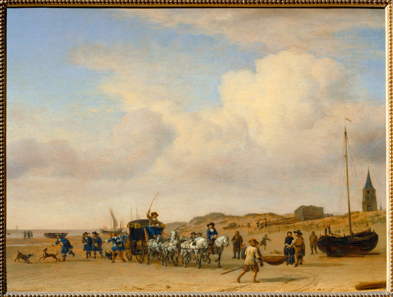 Noblen miehistö kävelee Scheveningenin rannalla. 1660 ... tekijältä Adriaen van de Velde