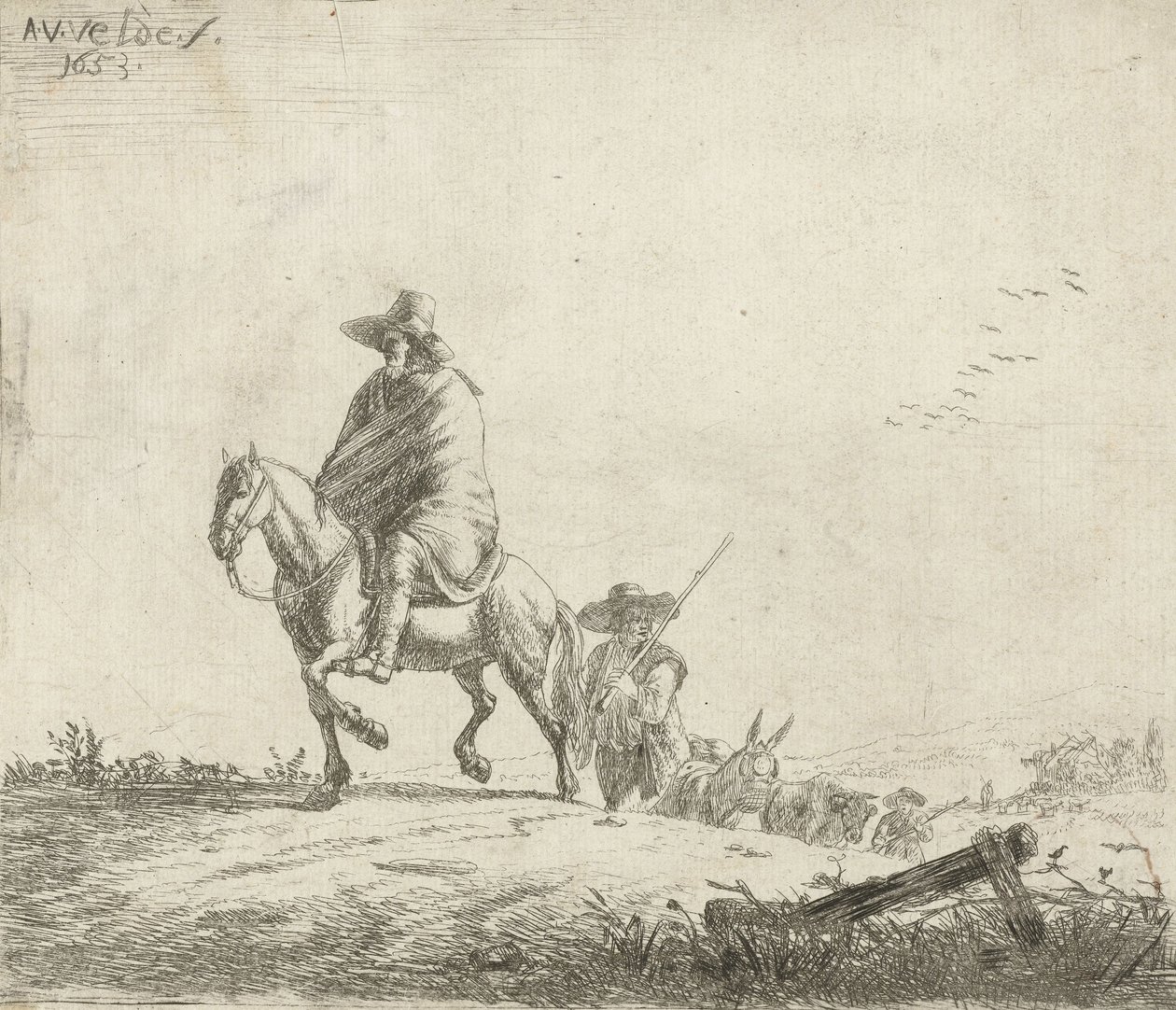 Ratsastaja ja paimen karjan kanssa hiekkatiellä, 1653 tekijältä Adriaen van de Velde