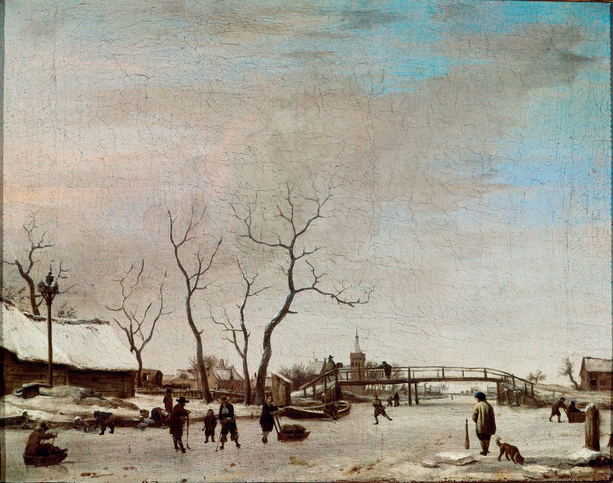 Riviere Gelee luistelijoiden kanssa Adriaen Van de Velde le jeunen maalaus (1636-1672) 1668 Dim. 23x30 cm Pariisi, Musée du Louvre tekijältä Adriaen van de Velde