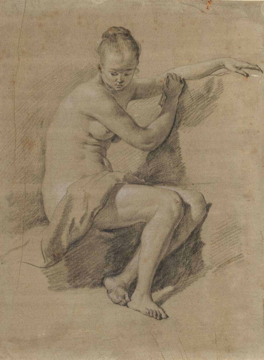 Istuva nainen alaston, n. 1660-70 (mustavalkoinen liitupiirros) tekijältä Adriaen van de Velde