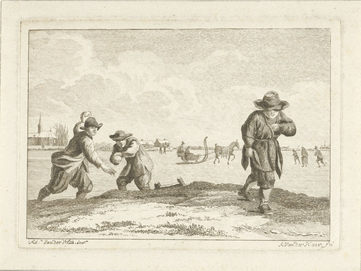 Lumipallonheittimet, kaiverrus Anthonij van der Haer, n. 1745-85 (etsaus) tekijältä Adriaen van de Velde