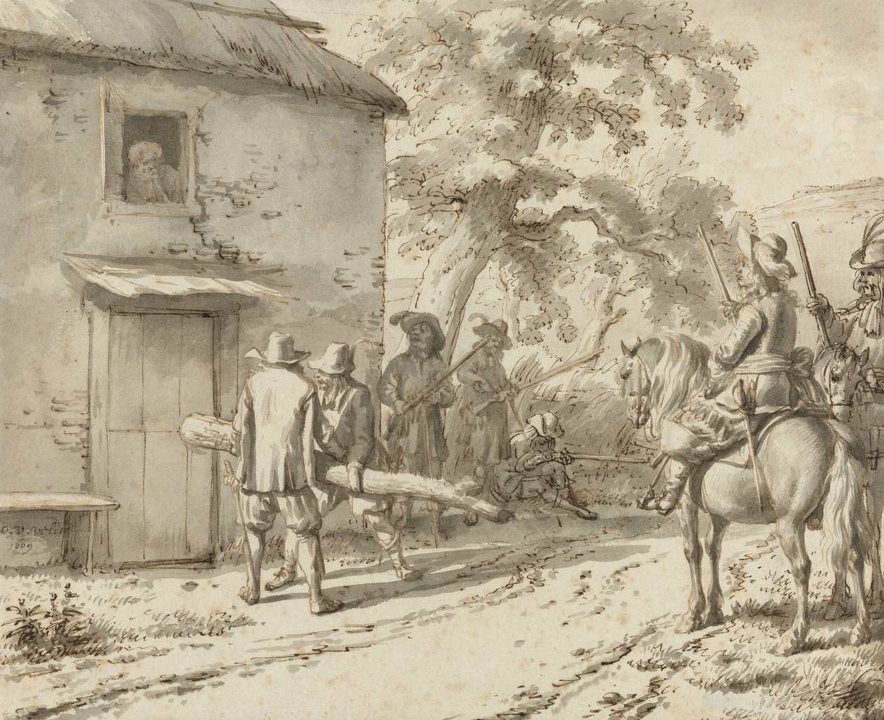 Sotilaat pakottavat oven, 1669 (kynä- ja mustepiirustus) tekijältä Adriaen van de Velde