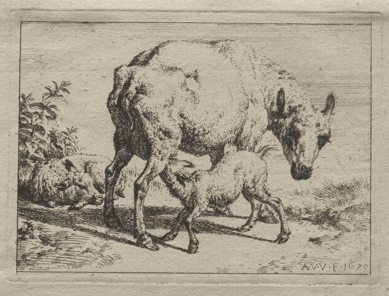 Uuhi ja kaksi karitsaa, 1670. tekijältä Adriaen van de Velde