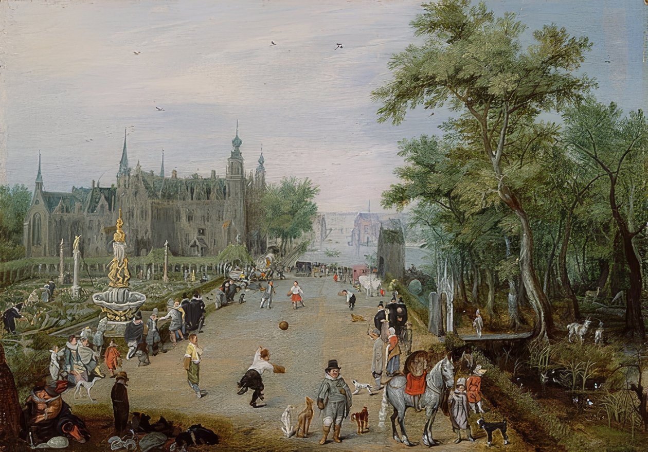 Jeu de Paume -peli palatsin edessä. Noin 1614 tekijältä Adriaen van de Venne