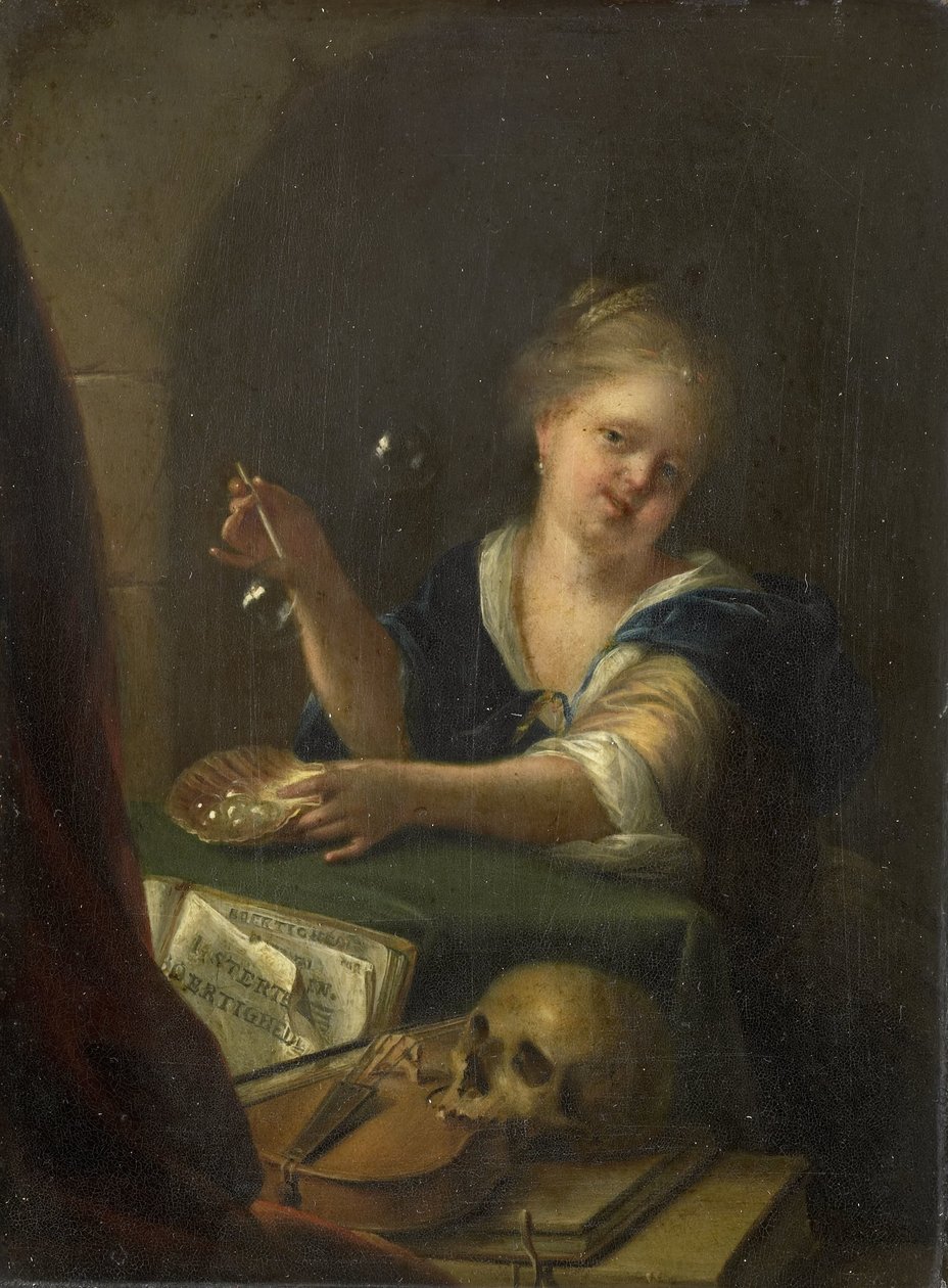 Kuplaa puhaltava tyttö Vanitas-asetelman kanssa tekijältä Adriaen van der Werff (manner of)