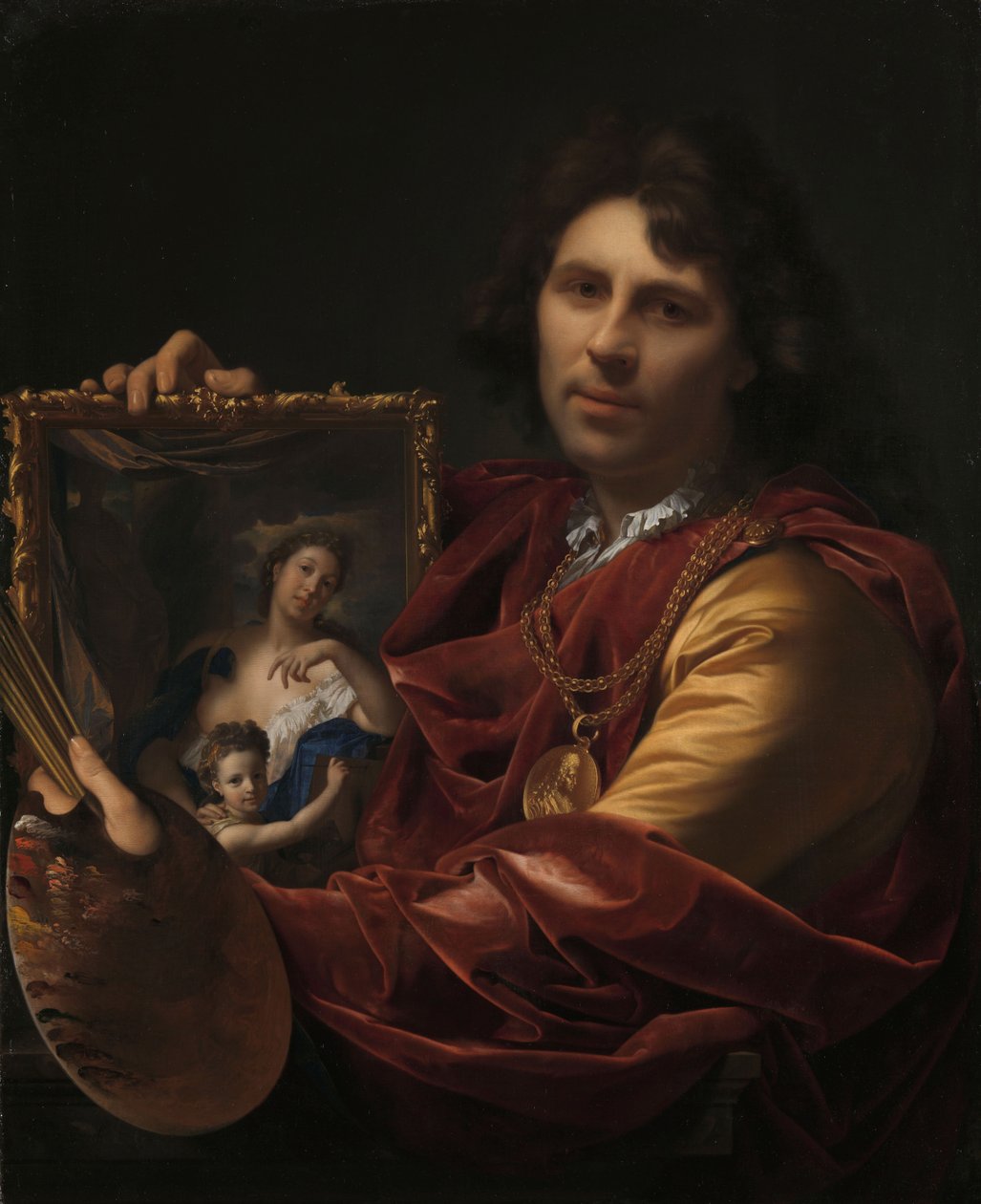 Omakuva hänen vaimonsa Margaretha van Reesin ja heidän tyttärensä Marian muotokuvalla, 1699. tekijältä Adriaen van der Werff