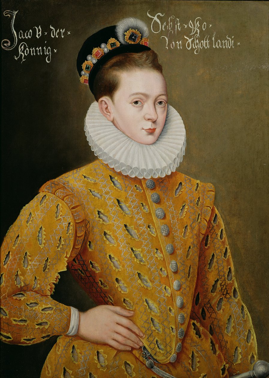 Englannin James I:n ja skotlannin James VI:n (1566-1625) muotokuva, jonka väitetään olevan avioliittomuotokuva, joka lähetettiin tanskalaiseen hoviin vietelläkseen Annen, hänen tulevan vaimonsa. tekijältä Adrian Vanson