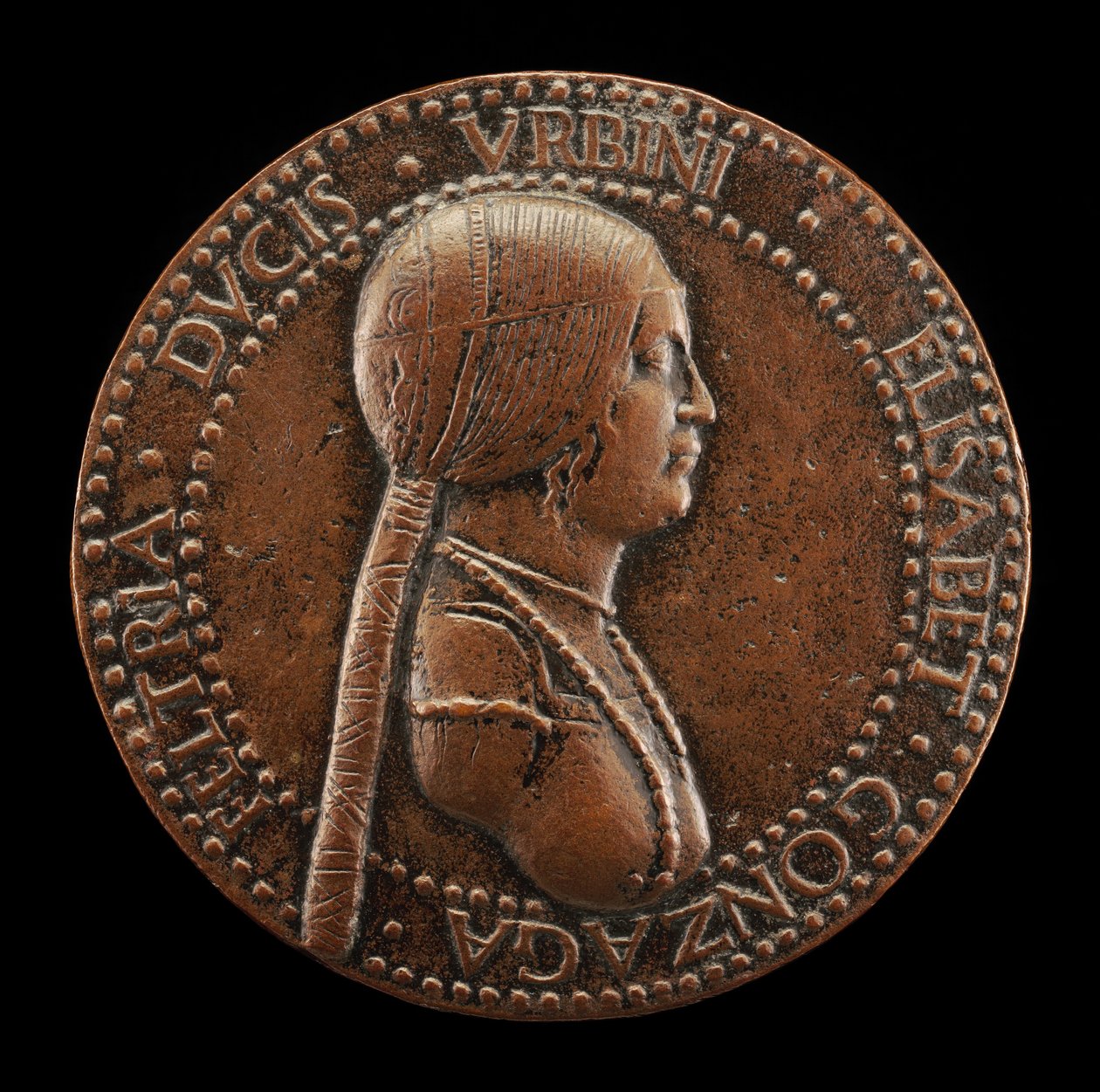 Elisabetta Gonzaga, kuoli 1526, Urbinon herttuatar, Guidobaldo I:n vaimo 1489..., luultavasti vuoden 1502 jälkeen. tekijältä Adriano Fiorentino