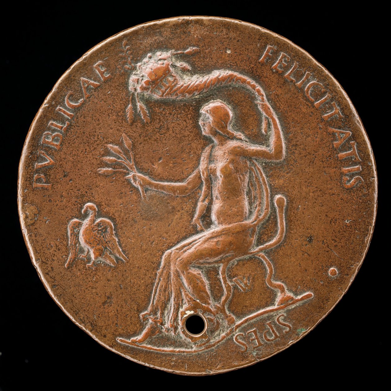 Felicitas istuu, pitelee tähkäkorvia ja heiluttaa Cornucopiae [käänteinen], 1494 tai ennen. tekijältä Adriano Fiorentino