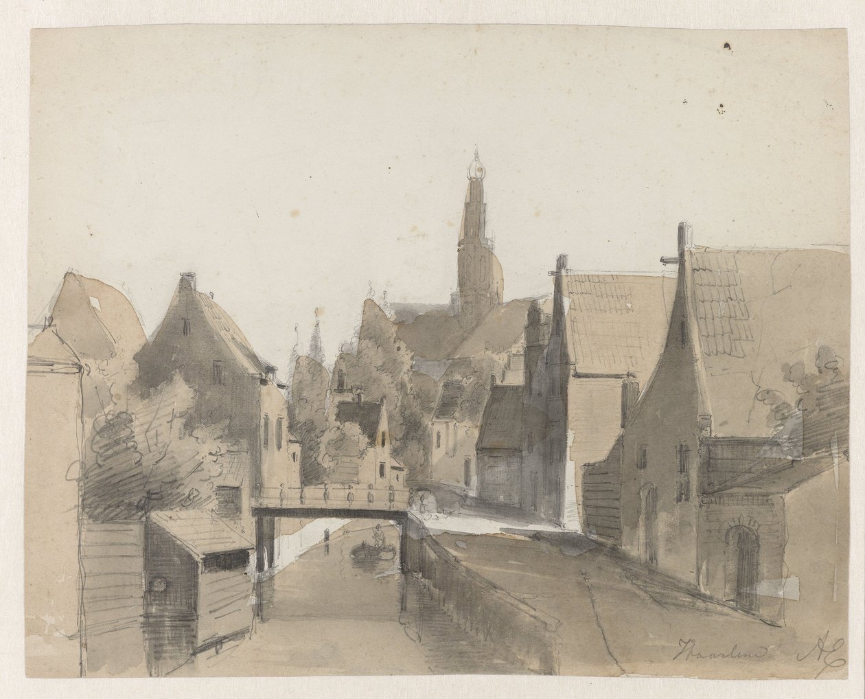 Näkymä kanavalle Haarlemissa, taustalla St. Bavo Haarlem (otsikko esineessä) tekijältä Adrianus Eversen