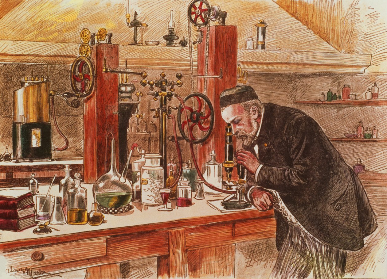 Louis Pasteur kokeilee hydrofobian hoitoa laboratoriossaan, n. 1885, pub. noin 1895 (painettu) tekijältä Adrien Emmanuel Marie