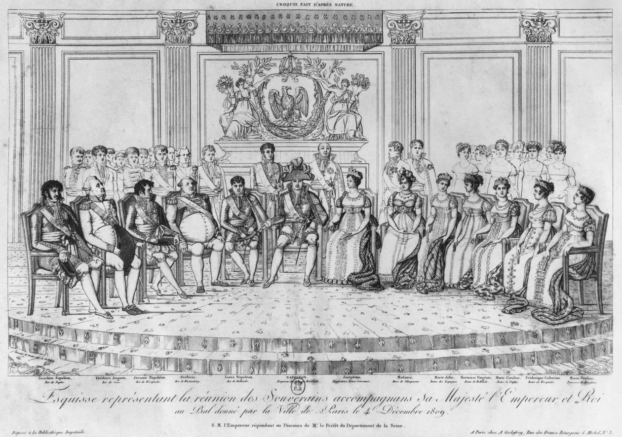 Luonnos, joka kuvaa Napoleon I:tä ja hallitsijoita Pariisin kaupungin 4. joulukuuta 1809 antamassa juhlassa tekijältä Adrien Pierre Francois Godefroy