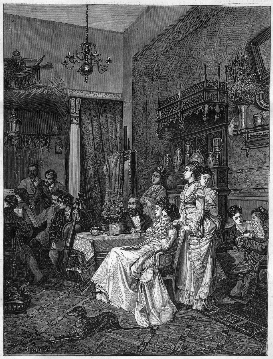 Amatöörikonsertti taiteilijan studiossa. Kaiverrus Adrien Moreaun (1843-1906) maalauksen jälkeen teoksessa "The Illustrous Universe" tekijältä Adrien (after) Moreau