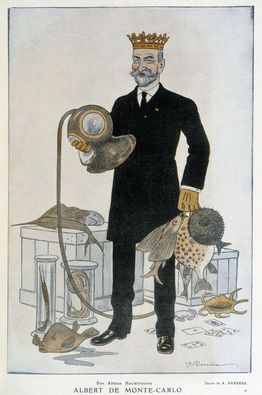 Albert 1er de Monaco (1848-1922), Monte Carlon valtameren museon perustaja - kuvitus Adrien Barrere (1877-1931) Fantasiossa 15.4.1914 tekijältä Adrien Barrere