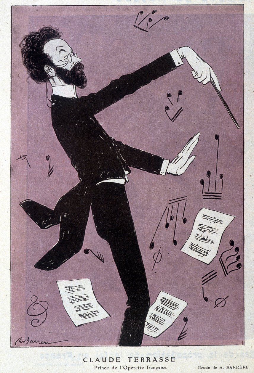 Sarjakuva Claude Antoine Terrassen (1867-1925), ranskalaisen säveltäjän: Prinssi operette francaise. Fantasiossa. Piirustus Barreresta. tekijältä Adrien Barrere