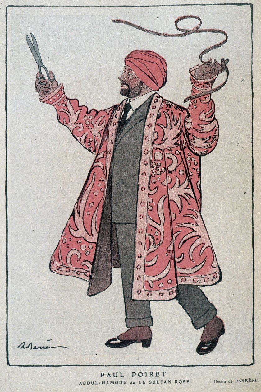 Sarjakuva Paul Poiret, ranskalainen suunnittelija ja suunnittelija (1879-1944) elokuvassa "Abdul-Hamode or Le Sultan Rose"" - kuvitus Adrien Barrere (1877-1931) Fantasiossa, 12.1.1919 tekijältä Adrien Barrere