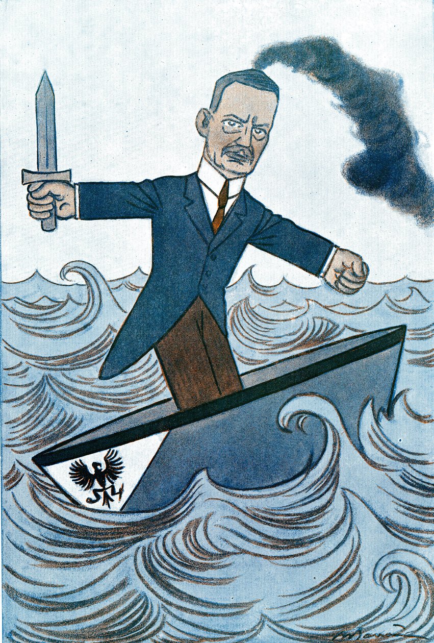 Sarjakuva Wilhelm Cuno (1876-1933), saksalainen meriasioista vastaava poliitikko. Adrien Barreren (1877-1931) piirros Fantasiosta tekijältä Adrien Barrere