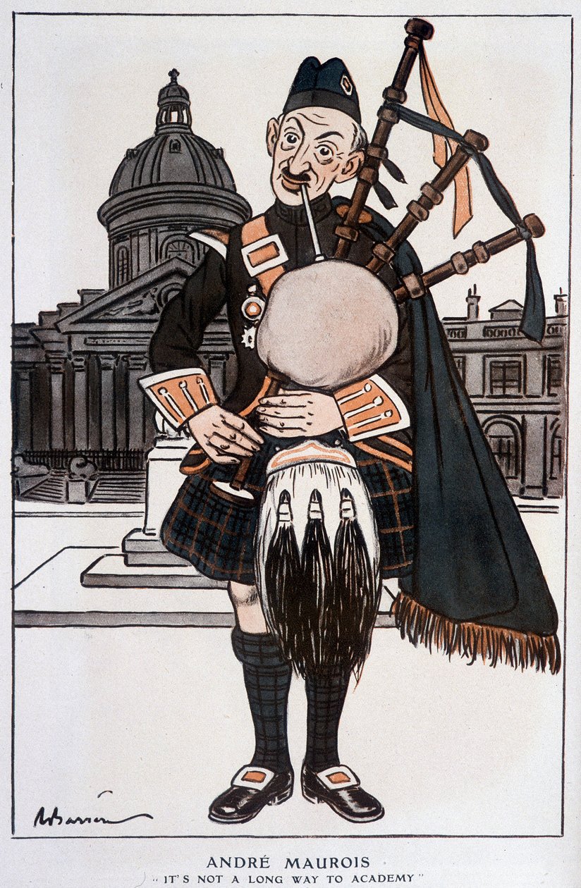 Sarjakuva in Akateemikko André Maurois (salanimi Emile Herzogin), ranskalainen kirjailija, esseisti ja historioitsija (1885-1967) - Barrère, "" Fantasio"" 15.4.1929 tekijältä Adrien Barrere
