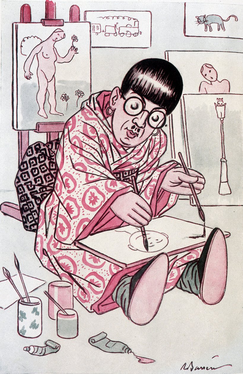 Sarjakuva, jossa Tsuguharu Fujita, kastettu Leonard Foujita, japanilaista alkuperää oleva ranskalainen taidemaalari (1886-1968). Barreren piirustus Fantasiosta, 1.4.1927. tekijältä Adrien Barrere