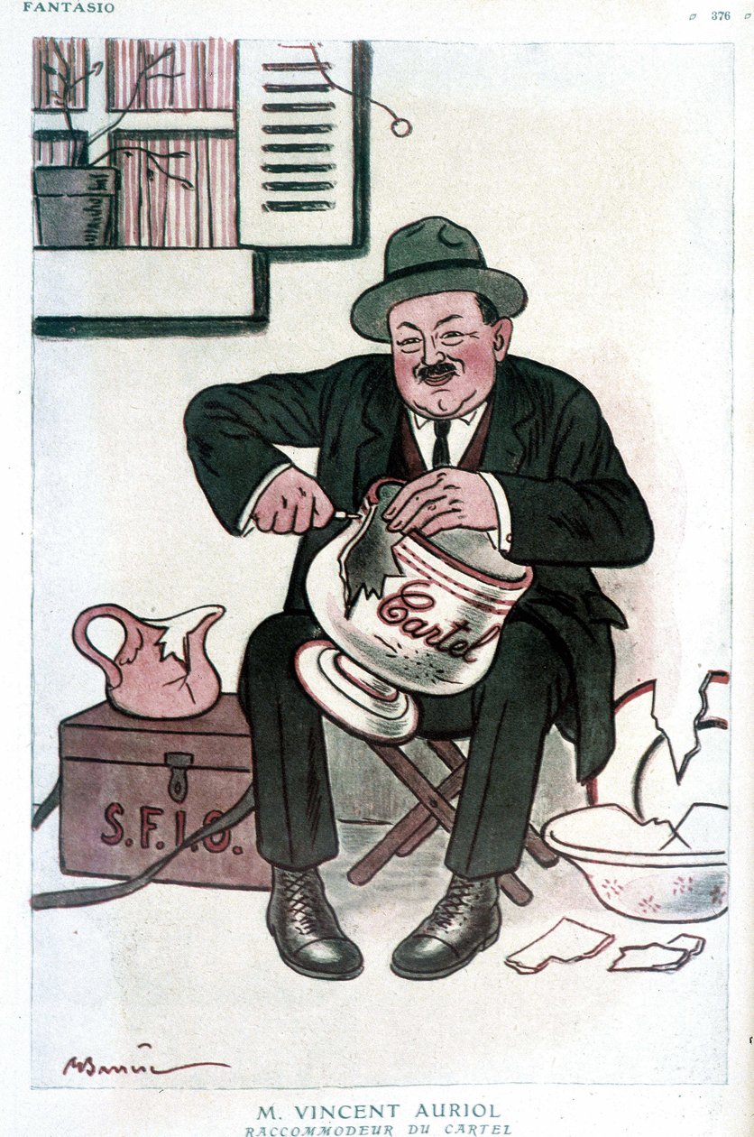 Mr. Vincent Auriol, Cartel Raccommodeur: humoristinen piirros Vincent Auriolista (1884-1938), SFIO:sta (S.F.I.O) ja Cartel des gauchesta. Piirustus A. Barrere - "" Fantasio""" 15.2.1929. tekijältä Adrien Barrere