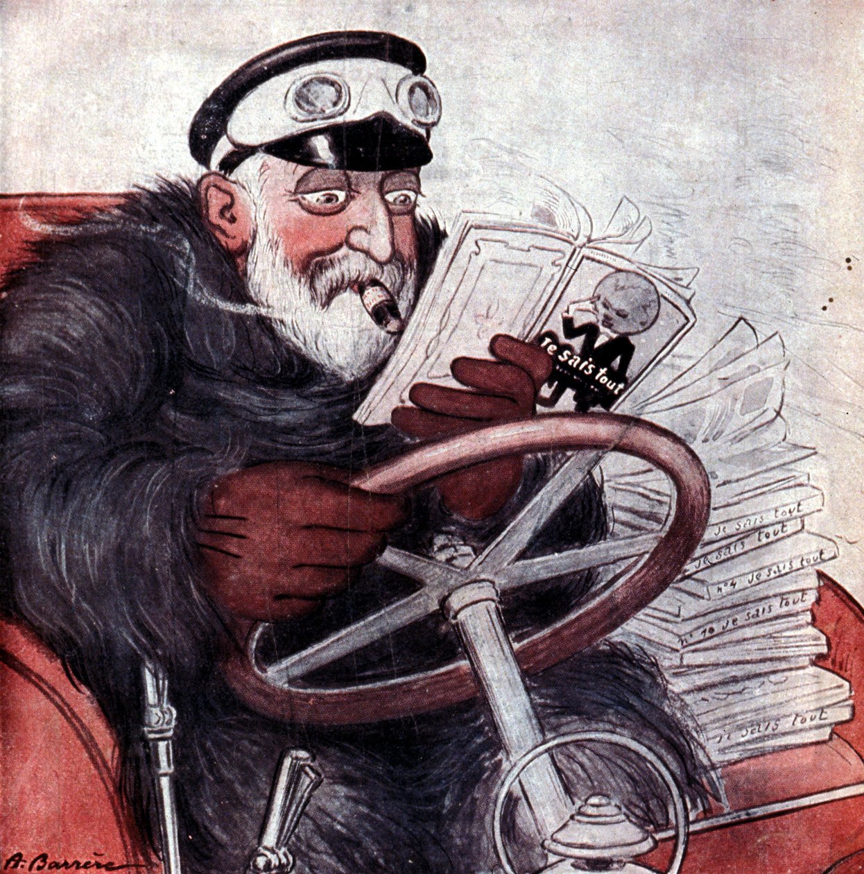 Muotokuva Englannin kuningas Edward VII:stä (1841 - 1910) ajamassa autoaan. Piirustus A. Barrère. "Tiedän kaiken." tekijältä Adrien Barrere