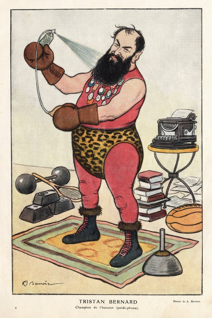 Tristan Bernardin (1866-1947), ranskalaisen kirjailijan muotokuva, Barreren sarjakuva "Fantasiossa" huhtikuussa 1915. tekijältä Adrien Barrere