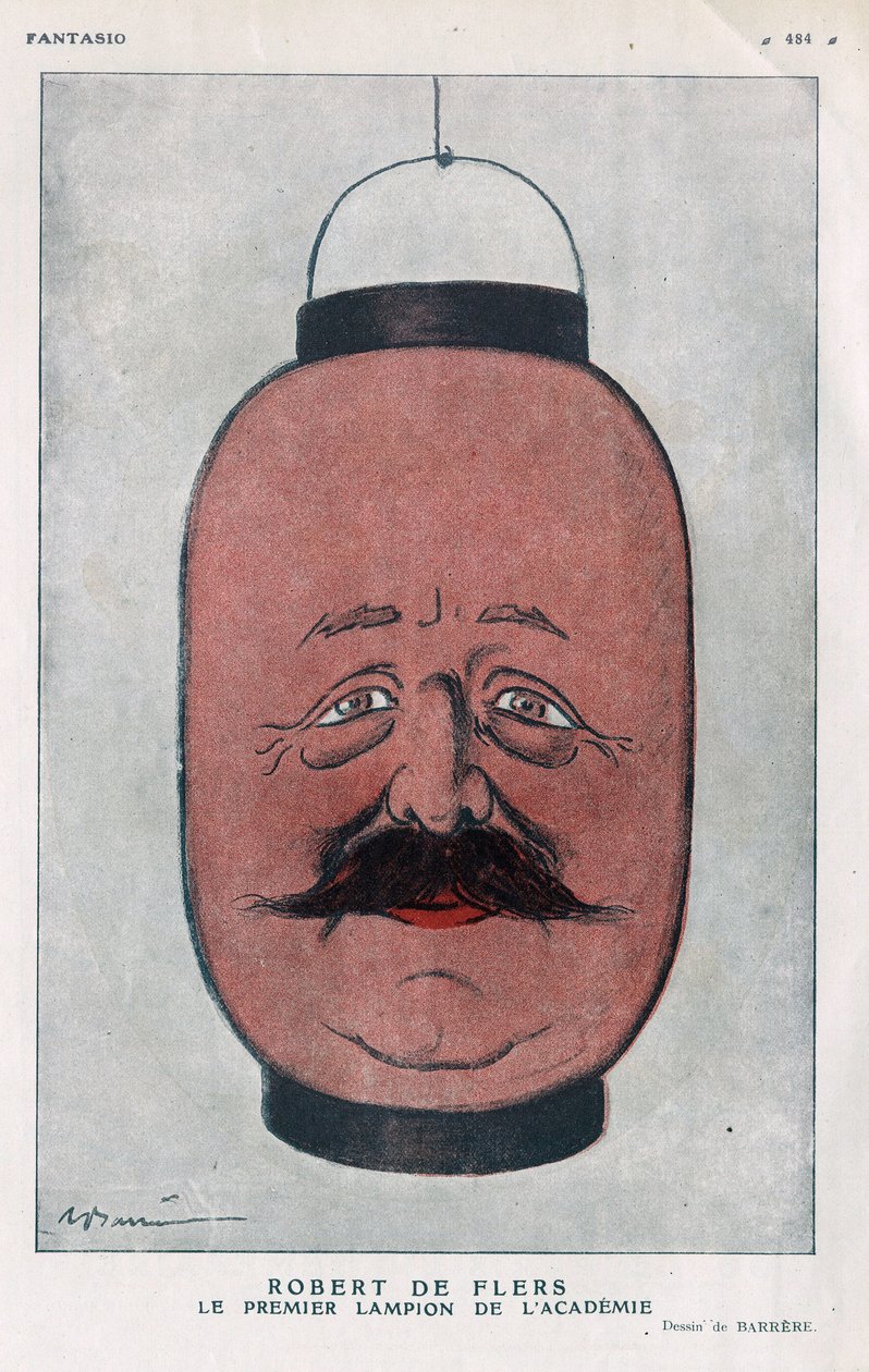 Robert Pelleve de La Motte-Ango (Motte Ango), Marquis de Flers, ranskalainen näytelmäkirjailija (1872-1927). (Akatemian ensimmäinen lyhty). Barreren sarjakuva "" Fantasio" -sarjassa kesäkuusta 1921. tekijältä Adrien Barrere