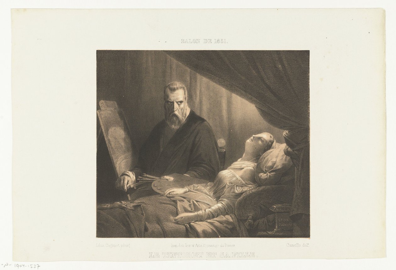 Tintoretto tyttärensä kuolinvuoteella Le Tintoret et sa fille (otsikko esineessä) Salon de 1851 (sarjan nimi esineellä) tekijältä Adrien Canelle