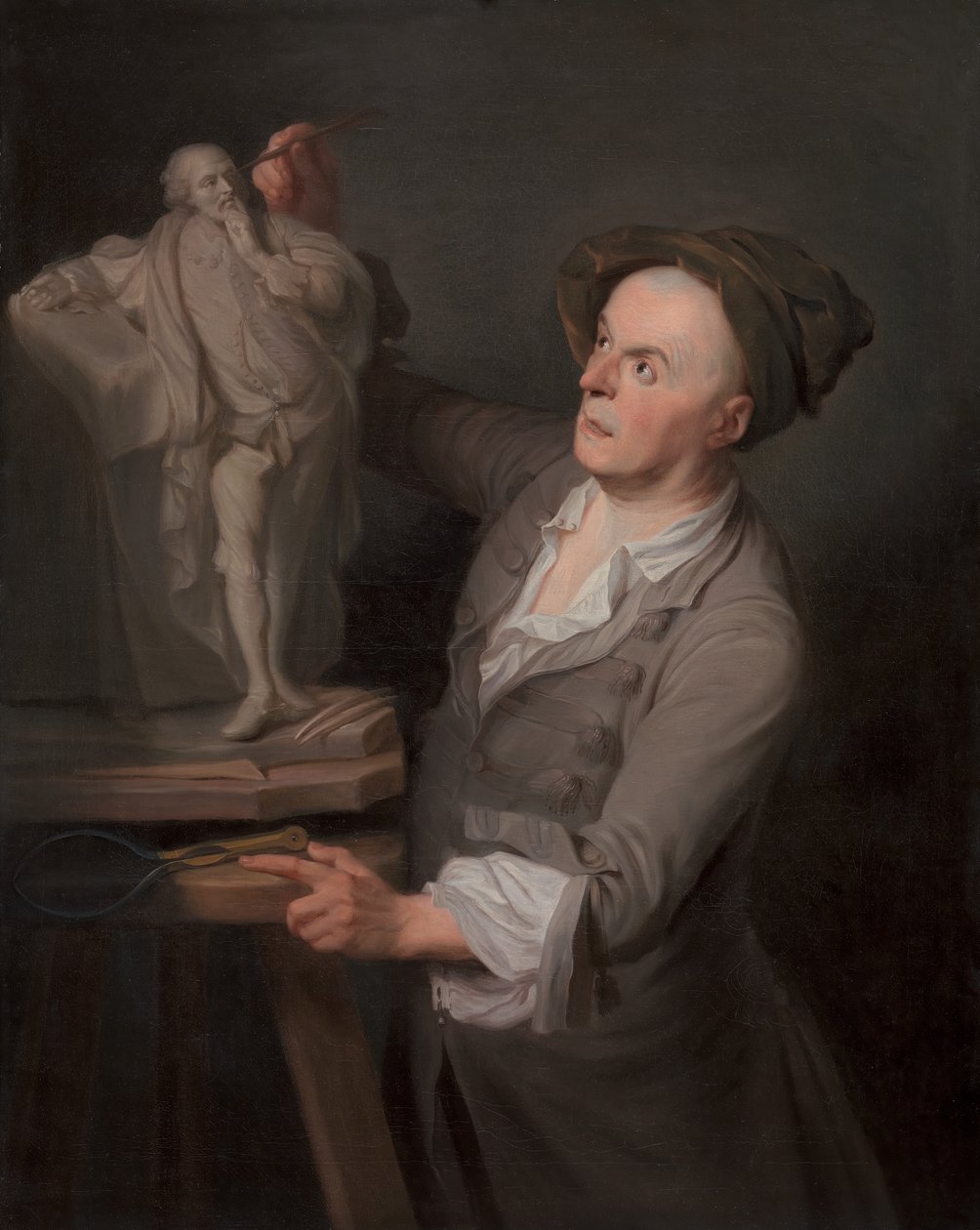 Louis-Francois Roubiliac mallintamassa Shakespearen muistomerkkiään vuosina 1760–1761. tekijältä Adrien Carpentiers