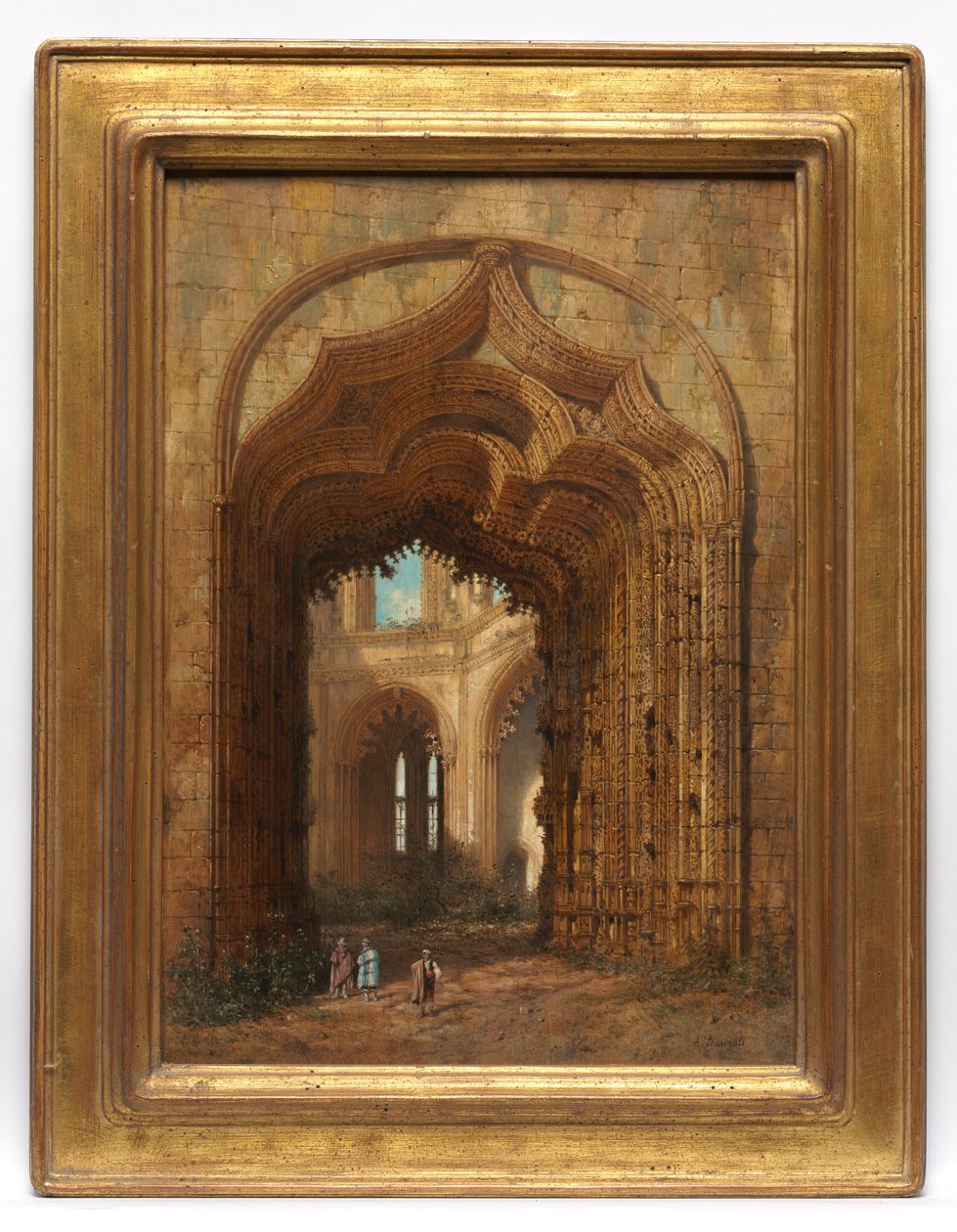 Raunioitunut kirkko, n.1840 (öljy paneelille) tekijältä Adrien Dauzats