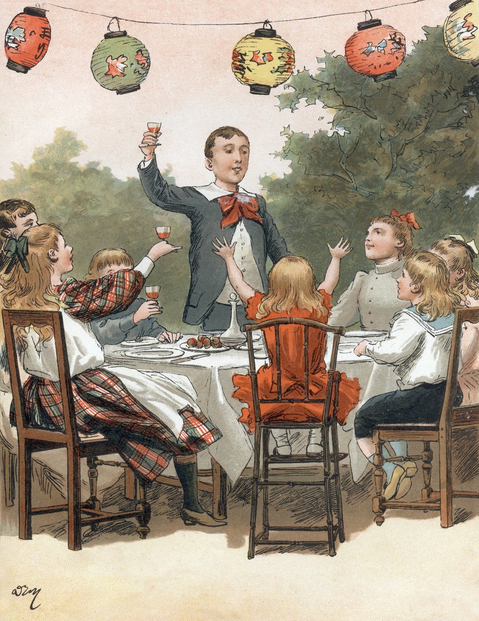 Nuori poika pitää puhetta, lapset kolkuttelevat lasia, kuvitus Adrien Marie Zarin kirjasta Tout a la joie, Emile Guerin -julkaisu 1890 tekijältä Adrien Emmanuel Marie