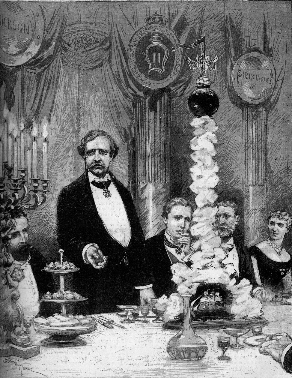 Skandinavian Pariisin siirtokunnan järjestämä bankettimatkailija Nils Adolf Erik (Eric) Baron Nordenskjold (Nordenskiold) (1832-1901) kunniaksi Hotel Continentalissa. Esillä ovat: Kreivi Kapnitz, professori Nordenskjold, Ruotsin prinssi Oscar (1859-1953) tekijältä Adrien Emmanuel Marie