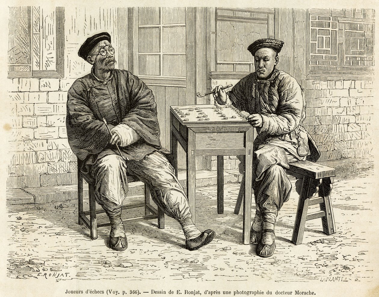 Shakin pelaajat. Kaiverrus A.Marien piirustuksen jälkeen havainnollistamaan matkaa Pekiniin ja Pohjois-Kiinaan, T.Choutze, vuonna 1873, julkaistu "" Le tour du monde""" 1876, toimittanut Edouard Charton, painos Hachette, Paris. Selva Collection. tekijältä Adrien Emmanuel Marie