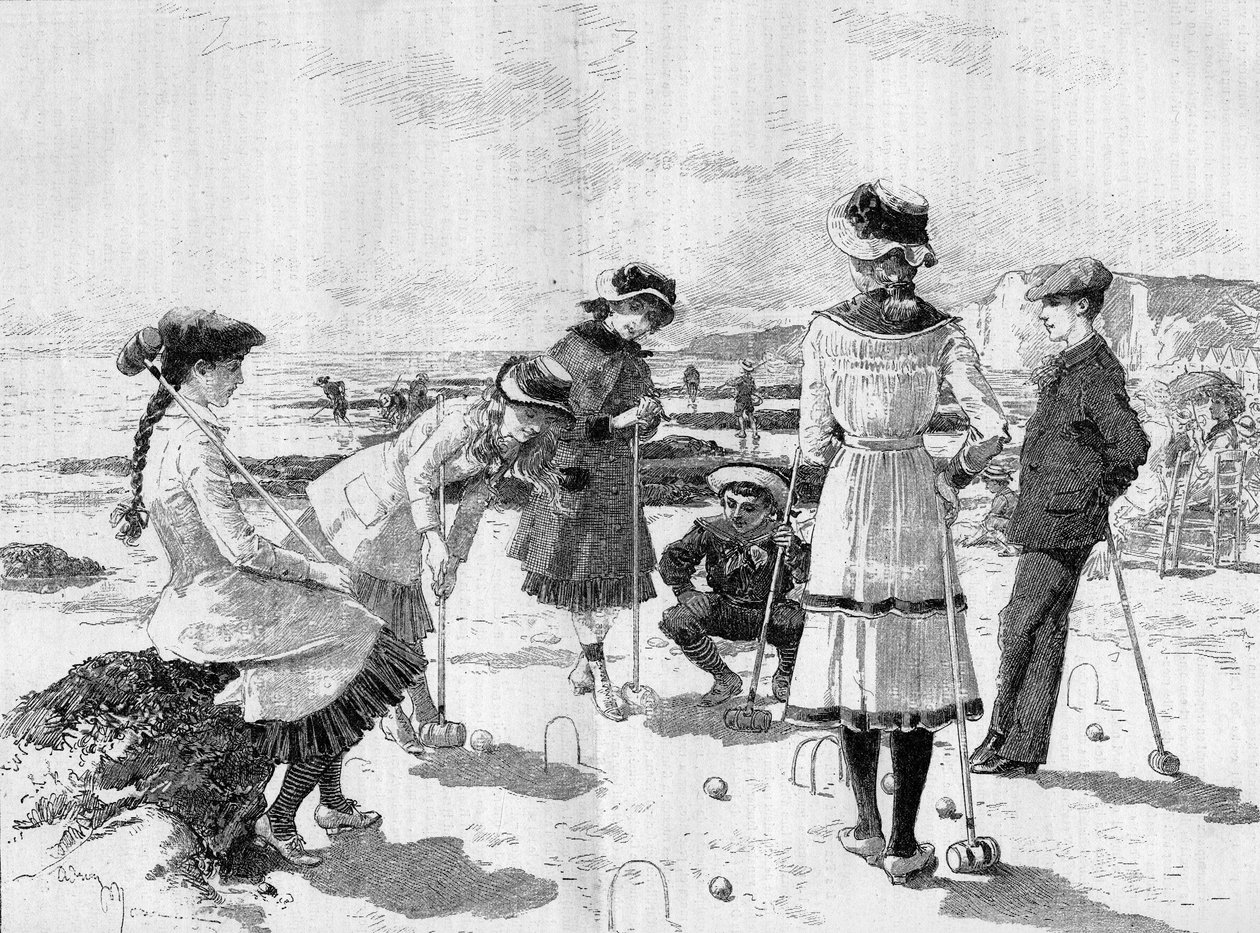 Lapset leikkivät krokettia rannalla. Adrien Marien kaiverrus "" Le Monde Illustré" -julkaisussa nro 1277, 17. syyskuuta 1881. tekijältä Adrien Emmanuel Marie