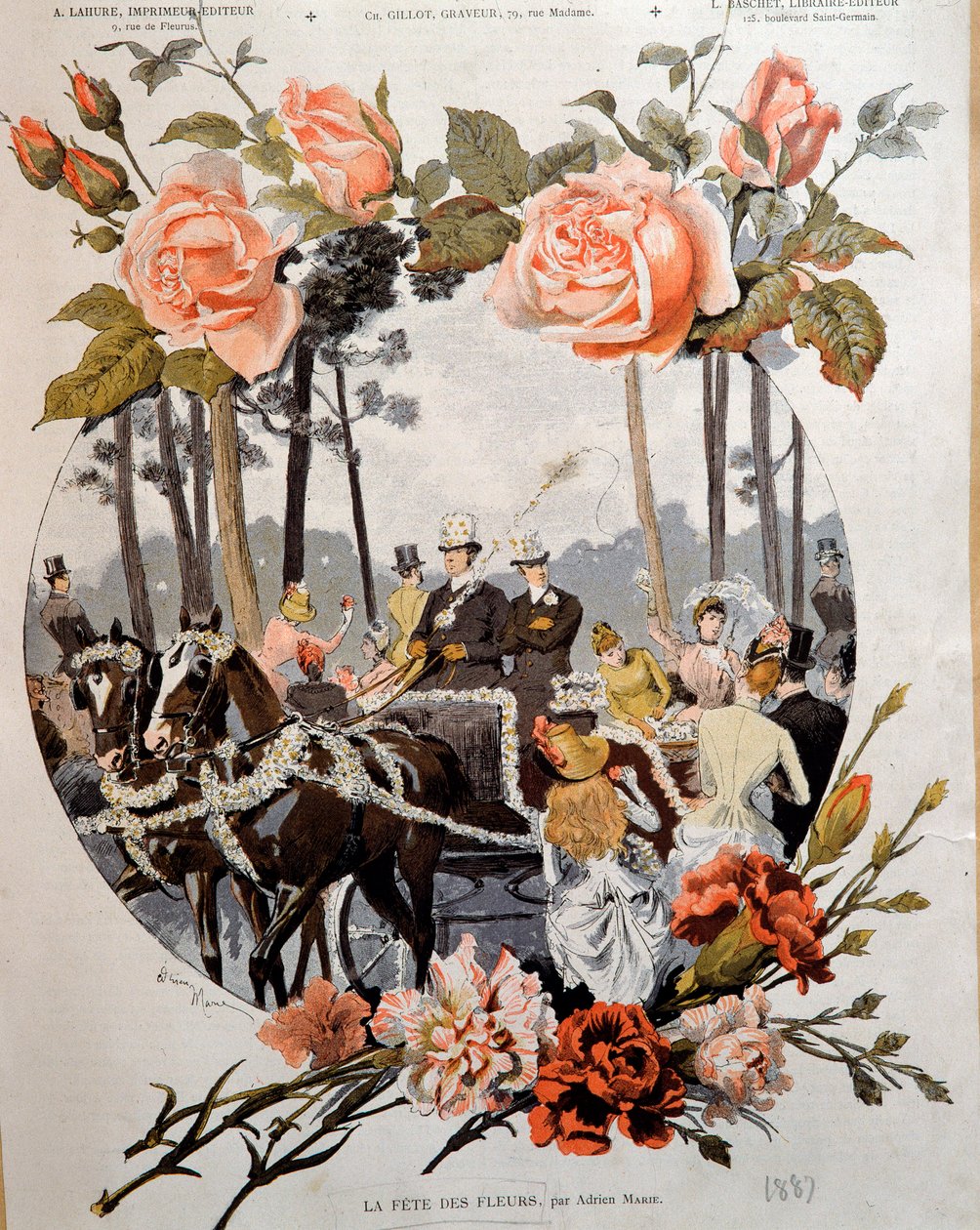 La fete des fleurs Adrien Marien (1848-1891) piirustus 1800-luvun Pariisi, koristetaide tekijältä Adrien Emmanuel Marie