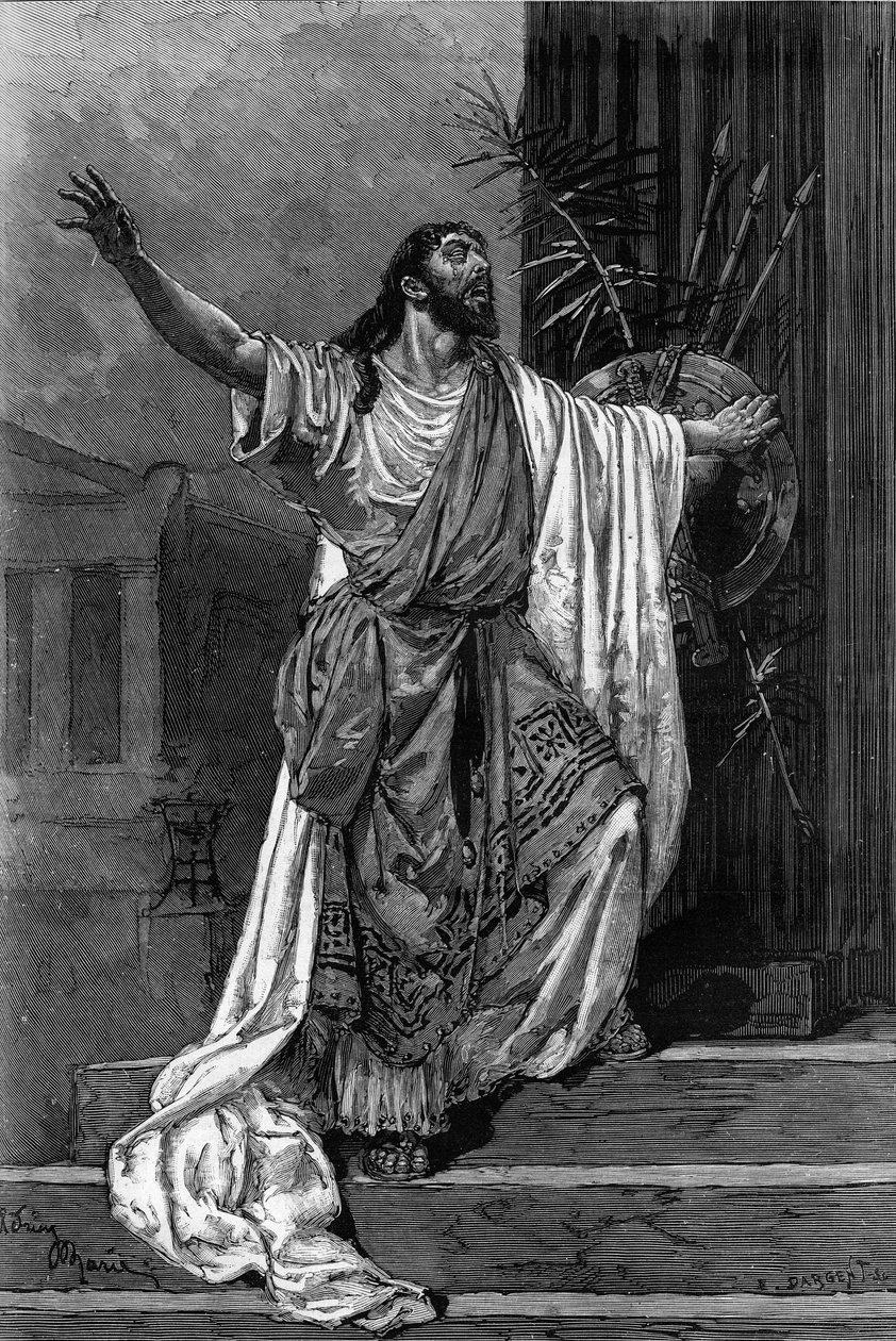 Muotokuva koomikko Jean Sullysta Mounet dit Mouney-Sullysta (Mounet Sully) (Mounet Sully) (1841-1916) Oidipuksen roolissa teokseen "" Oedipus roi"" Comedie Francaisessa tekijältä Adrien Emmanuel Marie