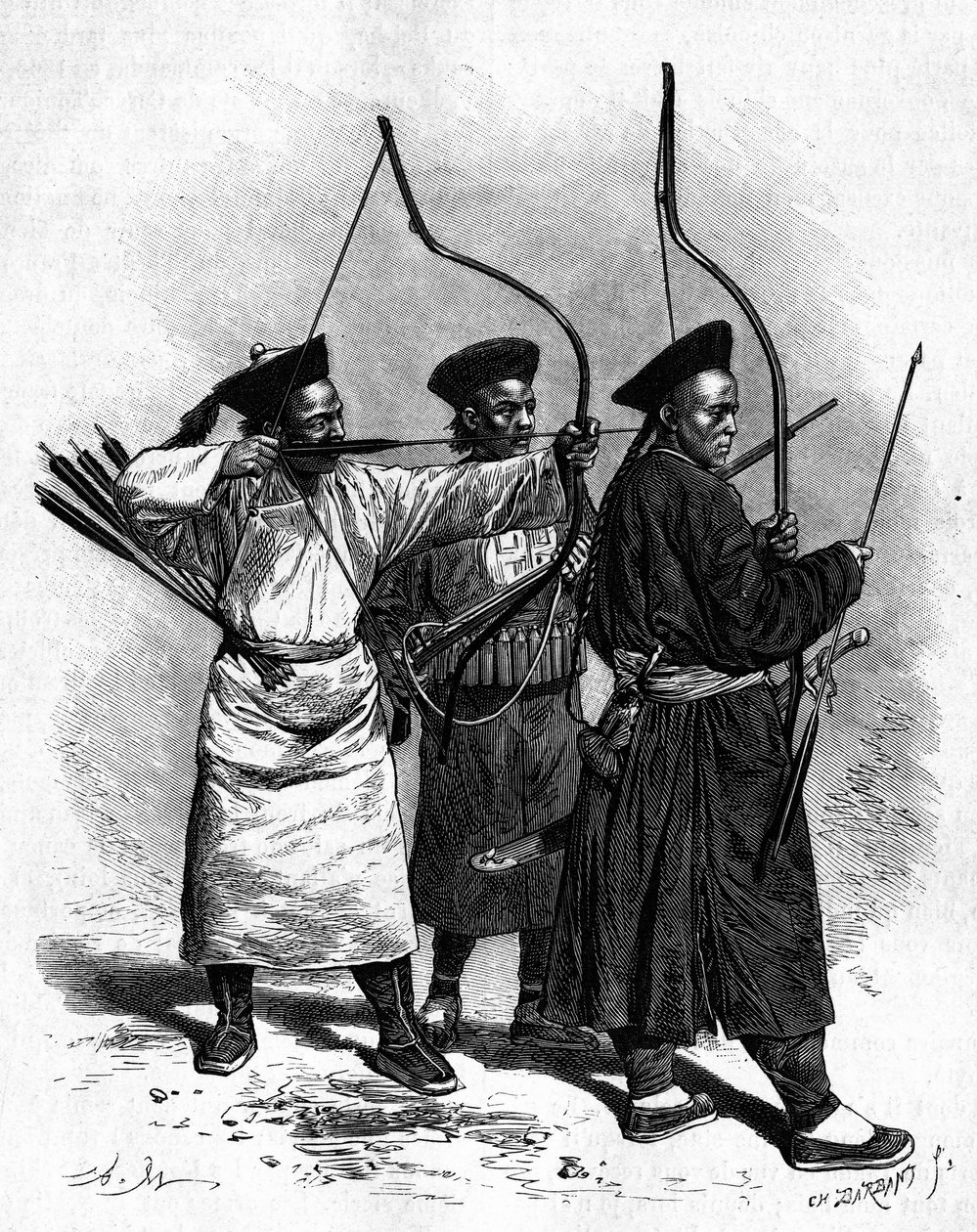 Kolmen kiinalaisen jousiampujan muotokuvia perinteisissä puvuissa 1870-luvulla. Kaiverrus Marien piirroksesta, Thomsonin valokuvasta julkaisussa "" Le Tour du Monde, Nouveau Journal des Voyages", toimittanut Edouard Charton, Paris tekijältä Adrien Emmanuel Marie