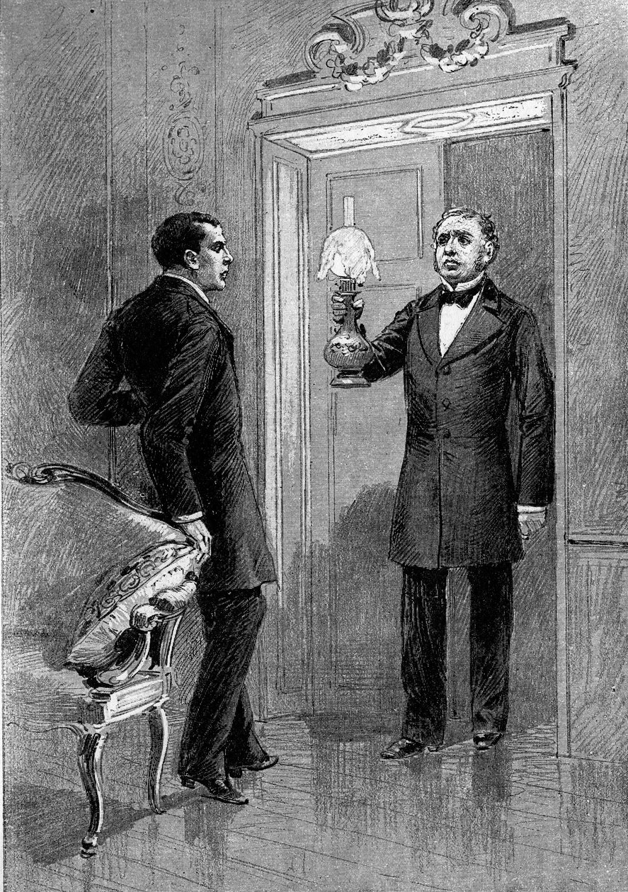 Teatteriesitys: Auguste Vacquerien (1819-1895) ""Jean Baudry":n 4. näytös Gustave Hippolyte Wormsin (1836-1910) (Olivier), Edmond Gotin (1822-1901) (Jean Beaudry) kanssa. Pariisi, Comedie Francaise tekijältä Adrien Emmanuel Marie