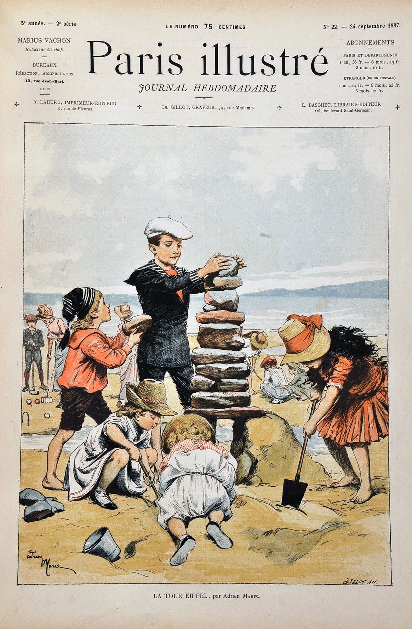 Eiffel-torni Ryhmä lapsia leikkimässä rannalla ja toteuttamassa kopiota Eiffel-tornista kivillä ja hiekalla. kuvitus Adrien Marie (1848-1891). Kaiverrus vuodelta 1887 "" Paris-Illustrous Journal -viikkolehdessä"". tekijältä Adrien Emmanuel Marie