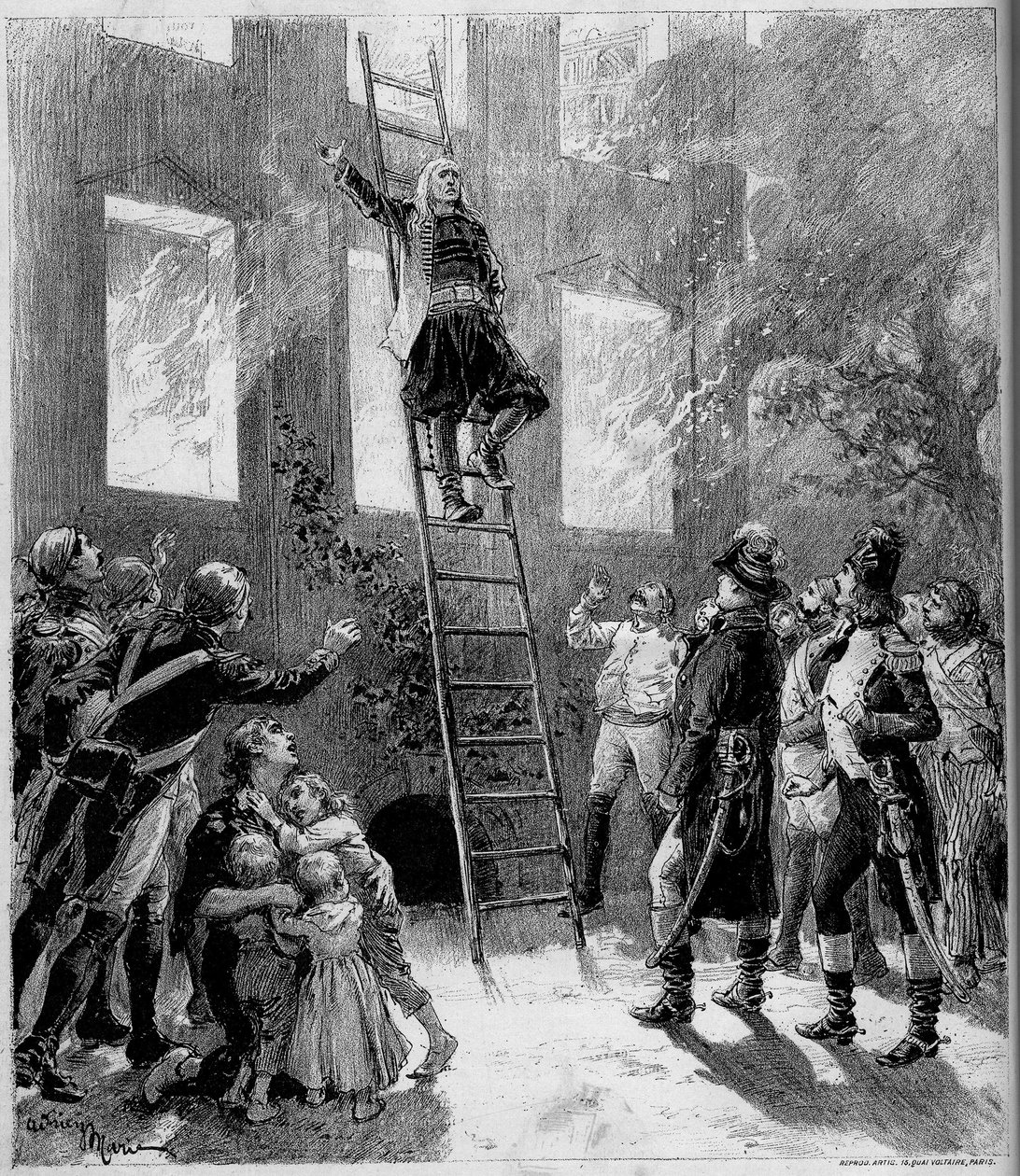 Teatteriesitys: "" Ninety-three"" ("Ninety-three"), kirjoittanut Paul Meurice (1818-1905), kirjoittanut Victor Hugo (1802-1885). Tourguen tuli (10. maalaus): Marquis de Lantenac, pelastuttuaan Flecharden lasten hengen, antaa itsensä tekijältä Adrien Emmanuel Marie