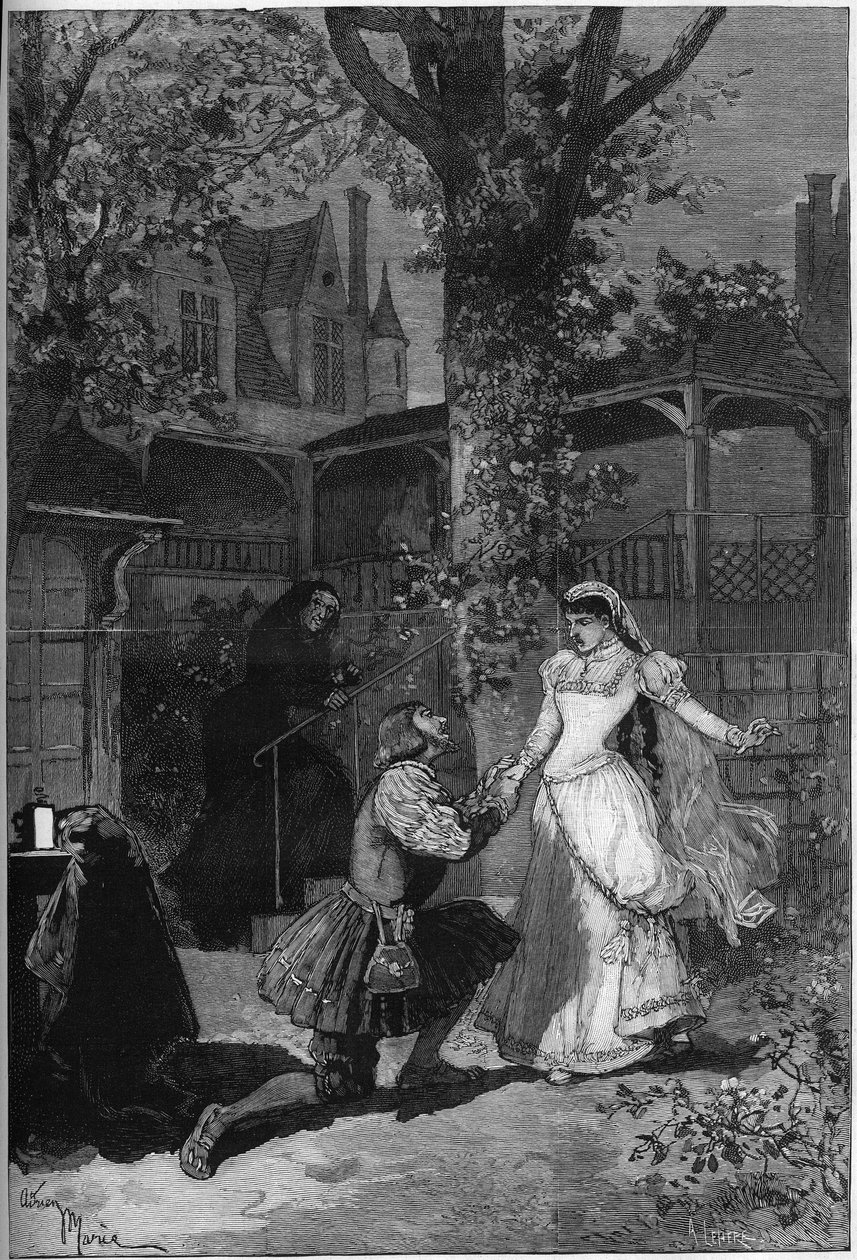 Teatteriesitys: Victor Hugon (1808-1883) "Kuningalla on hauskaa". Toisen näytöksen kohtaus 5: Tribouletin, kuningas Francois 1:n (Mounet Sully (tai Mounet Sully) 1841-1916) talo Blanchen (Julia Bartet) juurella tekijältä Adrien Emmanuel Marie