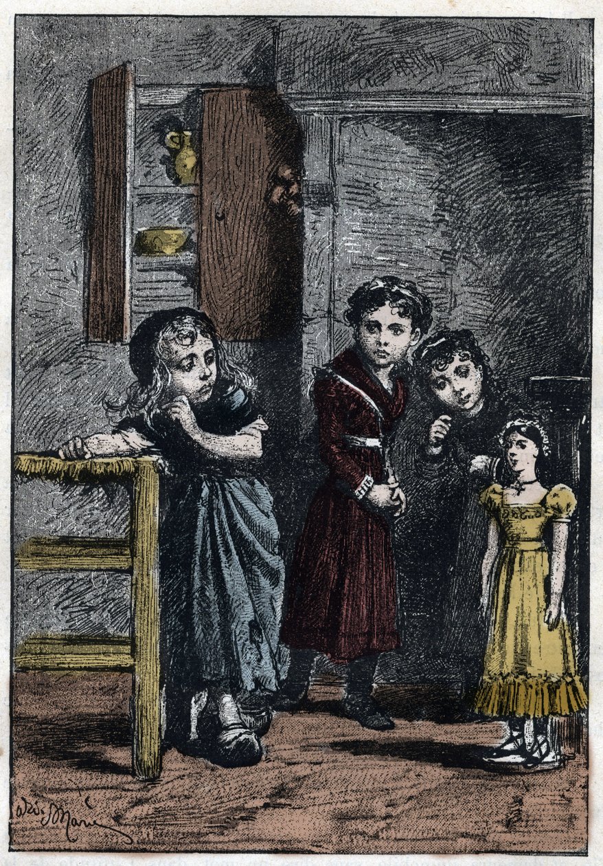 Thenardierin kaksi tytärtä, Eponine ja Azelma, katsovat Cosettea, joka sai nuken Catherine - kuvitus Adrien Marie (1848-1891) Victor Hugon (1802-1885) "The miserables - Toinen osa: Cosette" 1862. tekijältä Adrien Emmanuel Marie