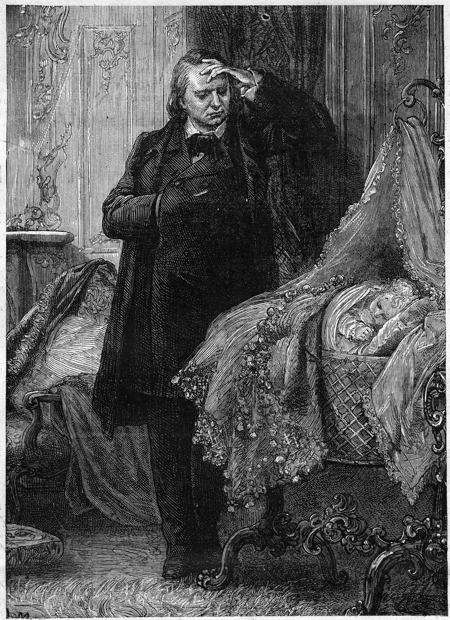 Victor Hugo tarkkailee sängyssään nukkuvaa lasta. Kuva Victor Hugon (1802-1885) "Rikoshistoriasta". Kuvitus: M. A. Marie tekijältä Adrien Emmanuel Marie