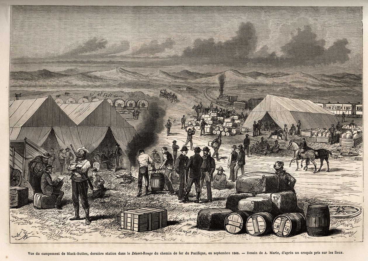 Näkymä Black Buttesin leiristä, viimeisestä asemasta Tyynenmeren rautatien punaisessa autiomaassa (Mojaven autiomaassa), syyskuussa 1868, kaiverrus A.Marien piirustuksen jälkeen, joka havainnollistaa matkaa Washingtonista San Franciscoon vuonna 1868, L. Si tekijältä Adrien Emmanuel Marie