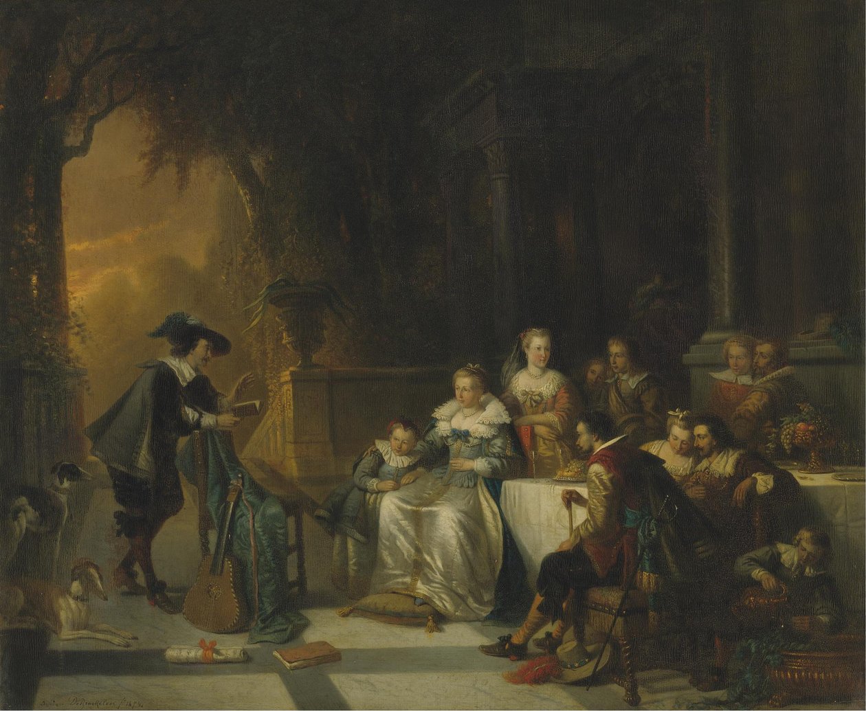 John Dryden lukee yhtä runoistaan tuomioistuimen edessä, 1869 tekijältä Adrien Ferdinand de Braekeleer